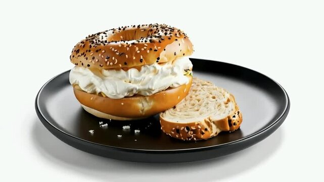 A sliced bagel topped with a generous layer of smooth cream cheese, served on black plate, isolated on white background