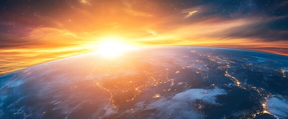 Fototapeta premium A sunrise over the Earth with a view of the continents, clouds, and the sun shining brightly.