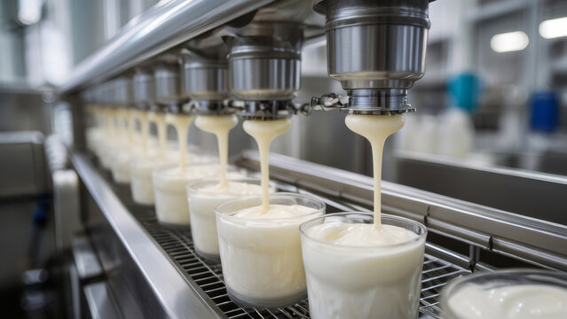 Automatic process of filling yogurt into special cups at a dairy plant. Food manufacturing, industrial equipment