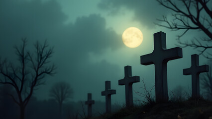 A cemetery with stone crosses under a full moon, bathed in eerie moonlight with dark, bare trees in the background