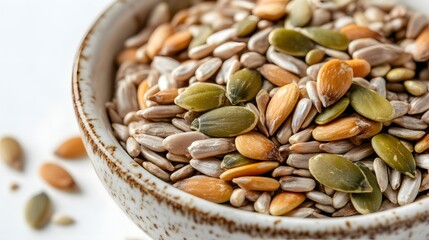 54. "A detailed close-up of a bowl of mixed seeds (pumpkin, sunflower, and sesame) isolated on a pristine white backdrop, highlighting their nutrient content
