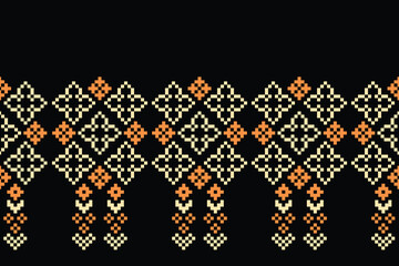 Traditional black ethnic motifs ikat geometric fabric pattern cross stitch.Ikat embroidery Ethnic oriental Pixel black background.Abstract,vector,illustration.Texture,decoration,wallpaper.