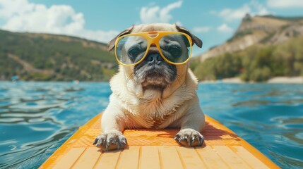 A pug wearing sunglasses lays on a yellow surfboard in the water.