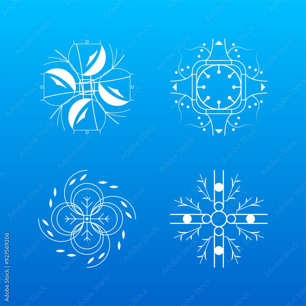 Poster set white colleciton line snowflake winter decoration elements vector design style