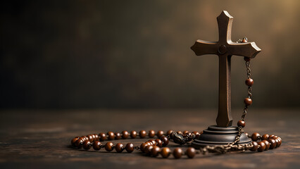 A bronze cross with a wooden rosary draped over it, resting on a rustic surface in soft, warm light