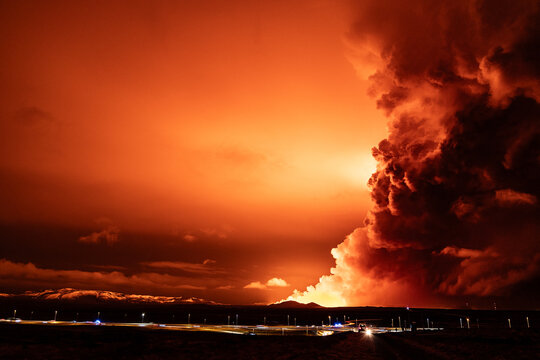 Volcanic eruption by nighttime in Iceland on March 2024
