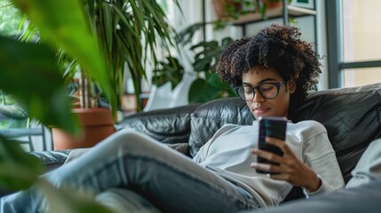 A young adult lounging on a couch scrolling through social media on their phone