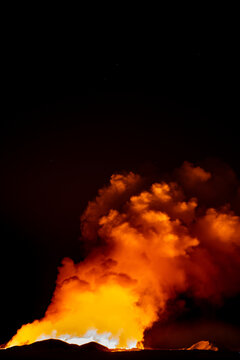 Volcanic eruption by nighttime in Iceland on March 2024