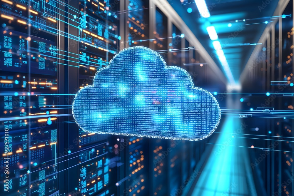 Poster cloud computing data server room futuristic tech