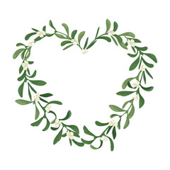 Wreath frame in shape of heart made of mistletoe with white berries. Vector christmas decoration of mistletoe sprig isolated on white background. Design holiday element for print, card, flyer, banner