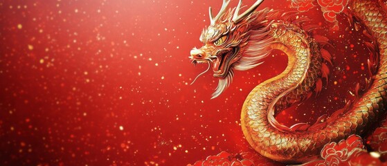 Obraz premium A vibrant red dragon weaves through flowers under a shimmering sky