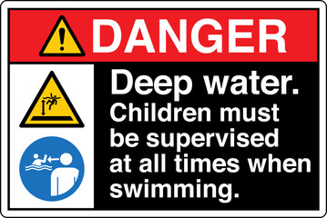 ANSI Z535 Safety Sign Marking Label Two Symbol Pictogram Standards Danger Deep water Children must be supervised at all times when swimming with text landscape black