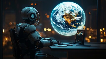 Fototapeta premium Futuristic Robot at Desk with Holographic Globe Projection.