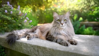 Obraz premium A grey long-haired cat lounging on a stone bench in a shaded garden. Captivating portrait of a majestic cat, basking in the warm sunlight of a lush garden. 2