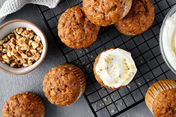 Homemade Carrot Muffins with Cream Cheese Frosting for every day. top view