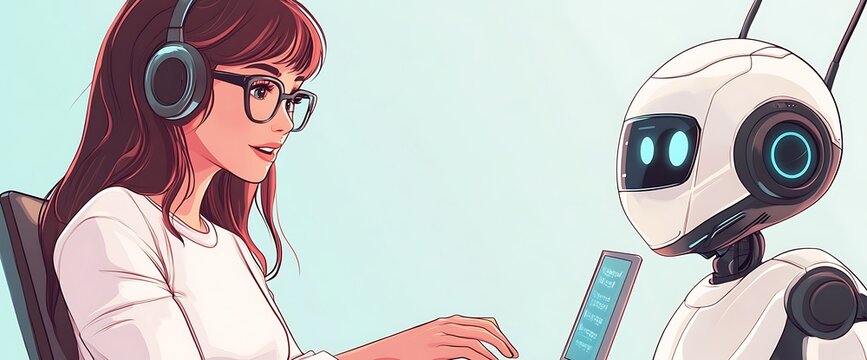 A woman with headphones and glasses looks at a robot while using a computer.