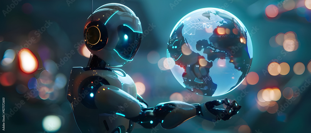 Poster a humanoid robot holds a glowing holographic globe, symbolizing advanced technology, artificial inte