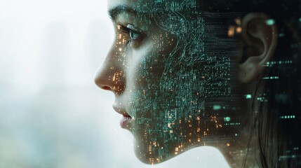 Digital Brain Mapping - Close-up of Person's Head with Translucent Binary Elements, Copy Space on Clean Background