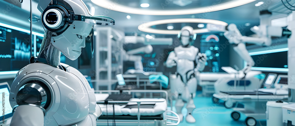 Poster advanced robots operate in a high-tech medical facility, showcasing futuristic healthcare technology