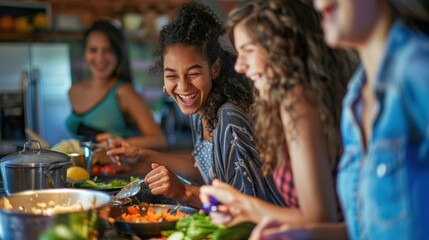 Fototapeta premium A teenager cooking with friends, laughing and sharing the fun of creating a meal together