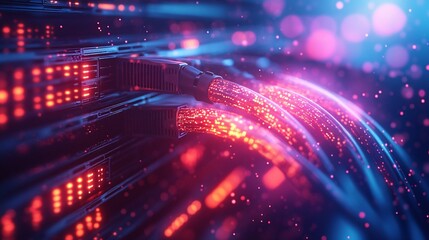 Fototapeta premium Illuminated Fiber Optic Cables Connecting Servers in Data Center with Copy Space, Technology and Data Transfer Concept