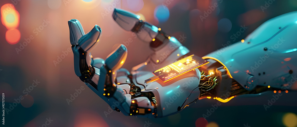 Leinwandbilder A detailed view of a robotic hand holding a glowing microchip, symbolizing the integration of advanced technology and artificial intelligence.