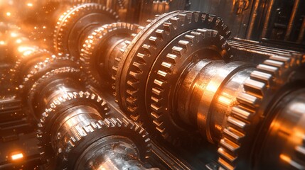 Industrial Gears and Cogs in Motion with Light Streaming In, Copy Space Available