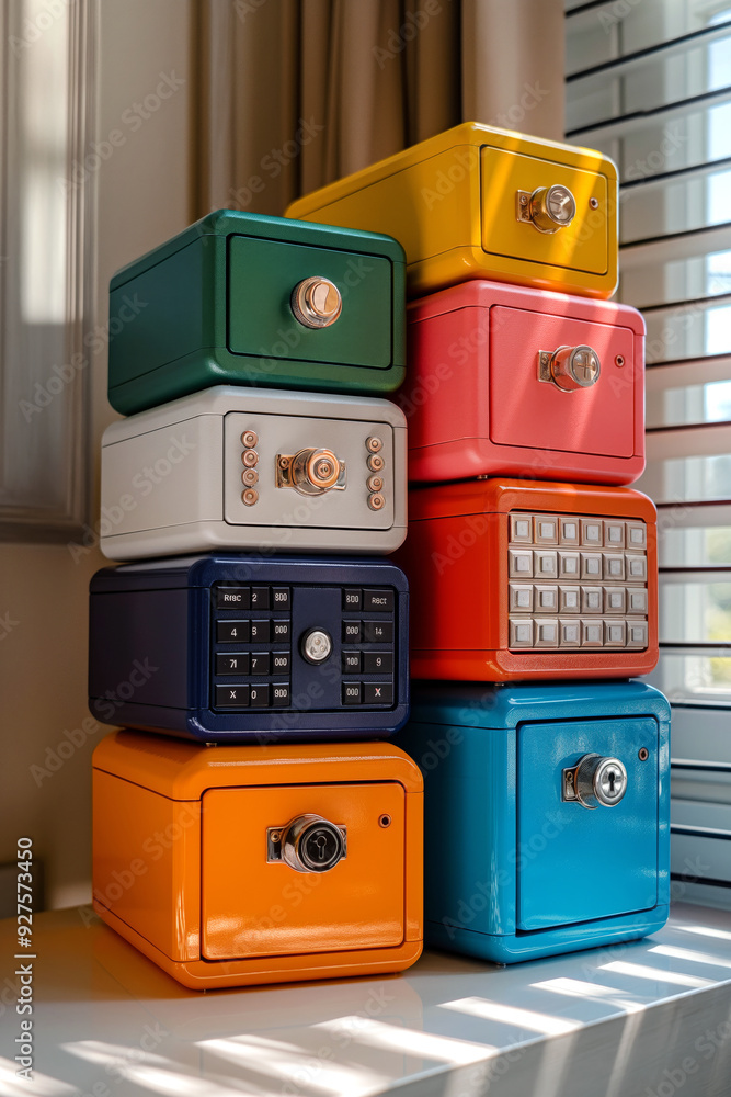 Aufkleber stacked mini safes in various colors, each with a unique keypad, representing personal and customiza