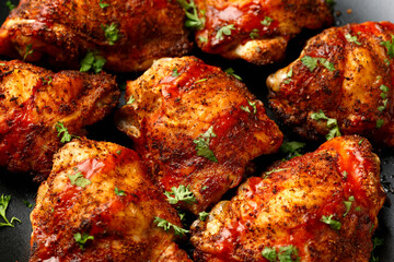 Chicken Thighs topped with buffalo sauce.