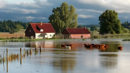 Fototapeta premium Farmers Rescuing From Flooded Farm During Climate Crisis