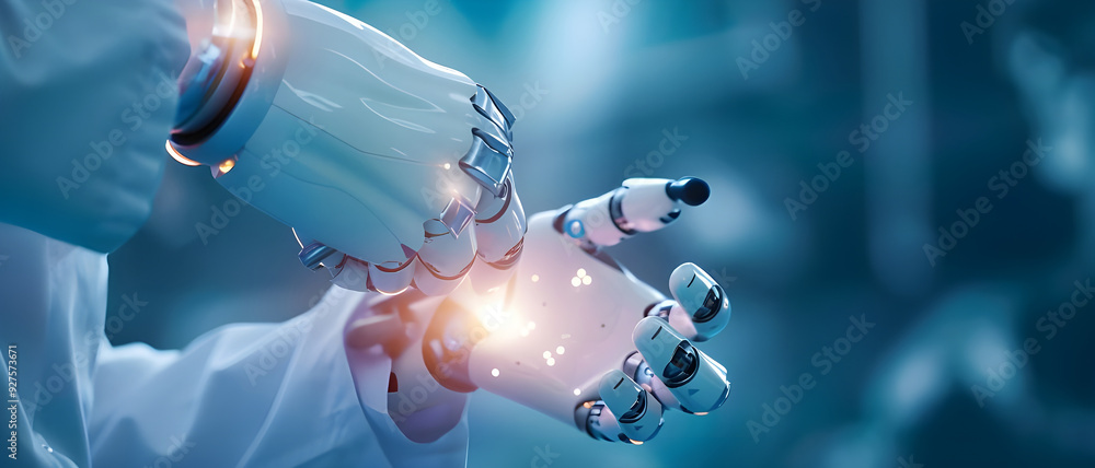 Aufkleber A close-up image of two robotic hands collaborating on a precision task, showcasing advanced robotics and artificial intelligence in technology.