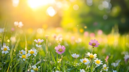 Beautiful Field of Flowers Under Golden Sunlight