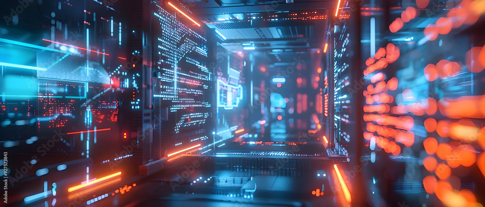 Poster A futuristic data center showcasing a digital interface with vibrant lights and advanced technology, representing high-tech computing infrastructure.