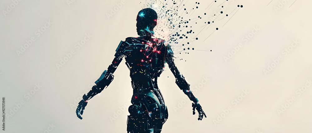 Poster Abstract representation of a cybernetic figure partially disintegrating into digital particles, symbolizing the intersection of technology and humanity.