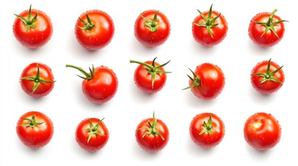 A collection of ripe red tomatoes neatly arranged in rows on a white background, each with a green stem attached.