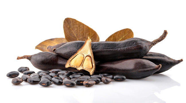 A bunch of Dark Mucuna pruriens whole and seeds on white background.