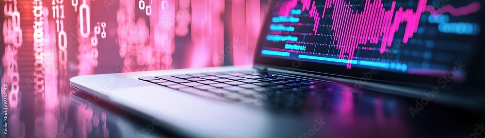 Poster close-up of a laptop displaying colorful financial graphs and data on a digital backdrop. perfect fo