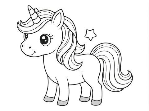 Cute little pony unicorn coloring page for kids on white background