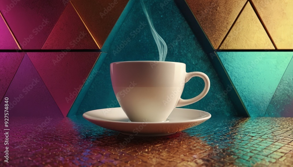 Poster cup coffee on table with colorful triangles