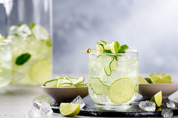 Cucumber margarita with lime and fresh mint, refreshing  cocktail