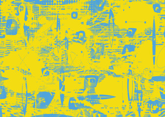 Glitch distorted grungy abstract forms . Cyber punk  pattern texture. Halftone dots .Futuristic background . Glitched shapes with dots and lines .Screen print  pattern texture