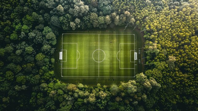 realistic photograph of a zenith view from above a football field, that looks super alive, clean and green like the football courts of a stadium