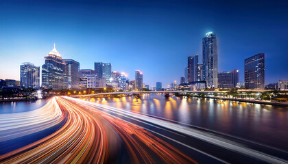 Obraz premium Vibrant Nighttime Cityscape of a Downtown Riverfront Skyline with Light Trails.
