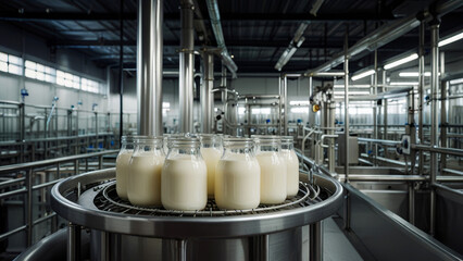 Yogurt production. The process of producing yogurt in glass jars at a dairy factory. Food manufacturing