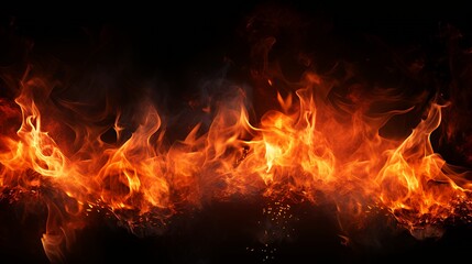 Fiery flames with sparks and smoke isolated on a black background.