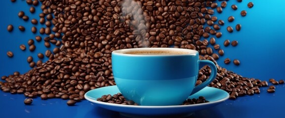 Naklejka premium coffee cup and beans on blue background photo