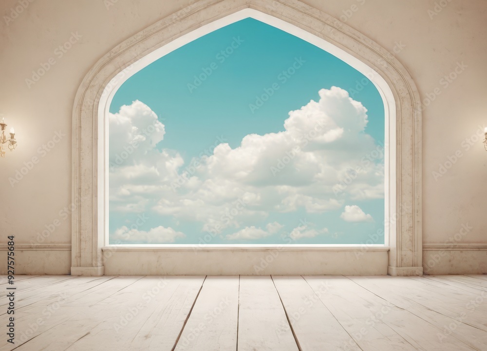 Poster empty room with large window and sky view
