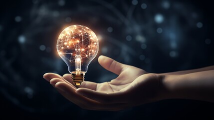 A hand holding a glowing light bulb with a network of lines and dots inside.