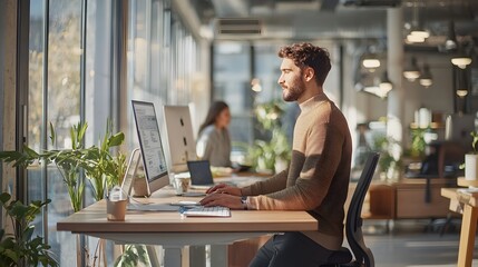 Ergonomic Standing Desk Setup in Modern Office Environment Promoting Healthy Active Lifestyle