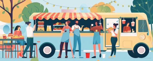 Obraz premium Diverse group of friends laughing and enjoying street food together in a vibrant outdoor setting.